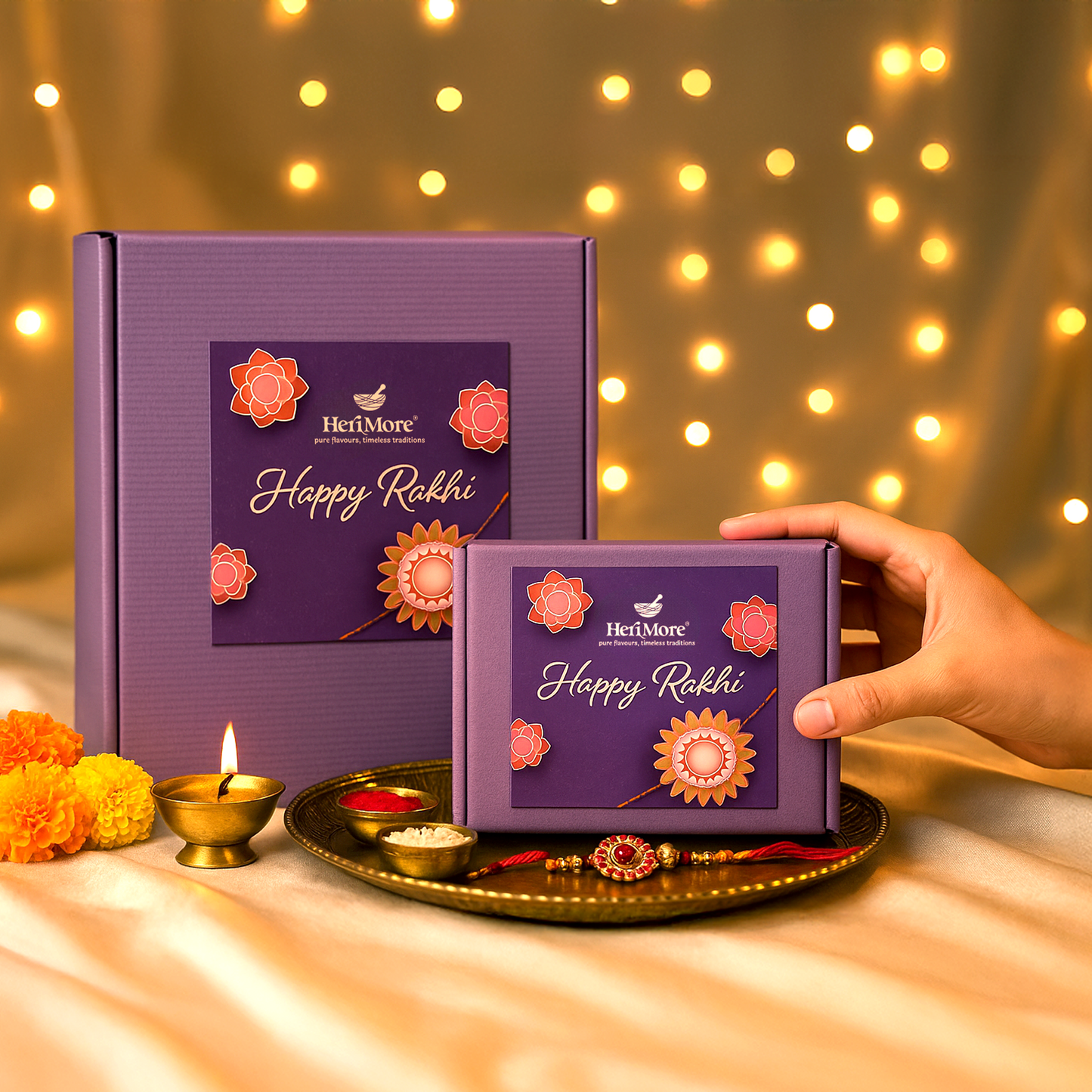 HeriMore 'Happy Rakhi' Hamper Gift Boxes with floral designs on a decorative tray against a warm glow background.
