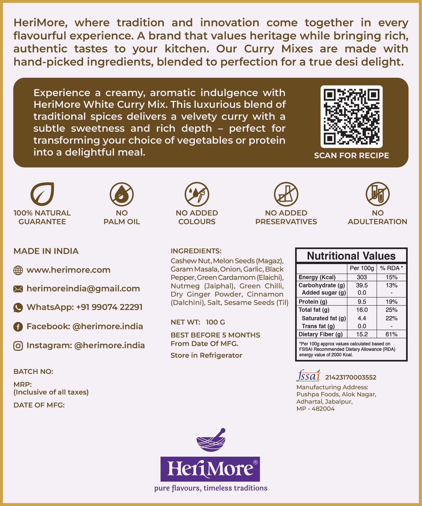 White Curry Mix | Rich & Creamy Mughlai Gravy | Ready in 3 Mins | No Added Colors or Preservatives | 100% Natural | 100 G