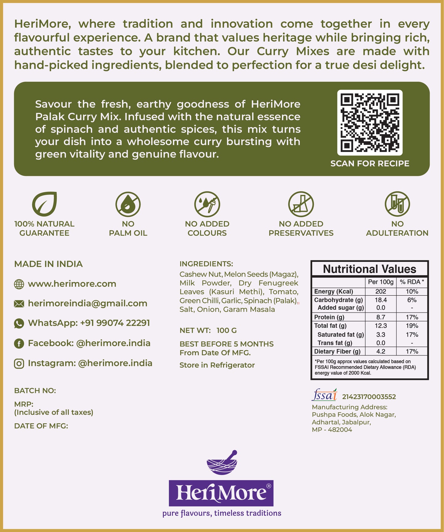 Palak Curry Mix | Ready to Cook Curry in Just 5 Mins | 100 G