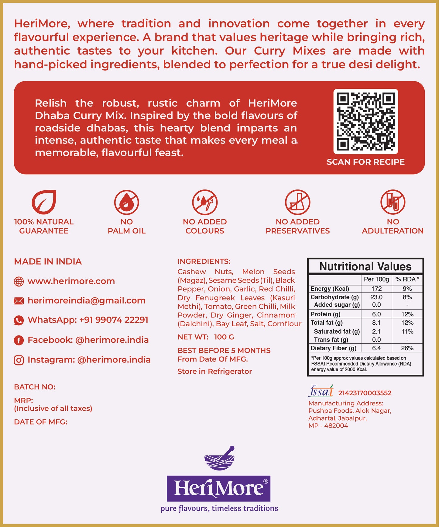 Dhaba Curry Mix | Rustic & Spicy Indian Gravy | Ready in 3 Mins | No Added Colors or Preservatives | 100% Natural | 100 G