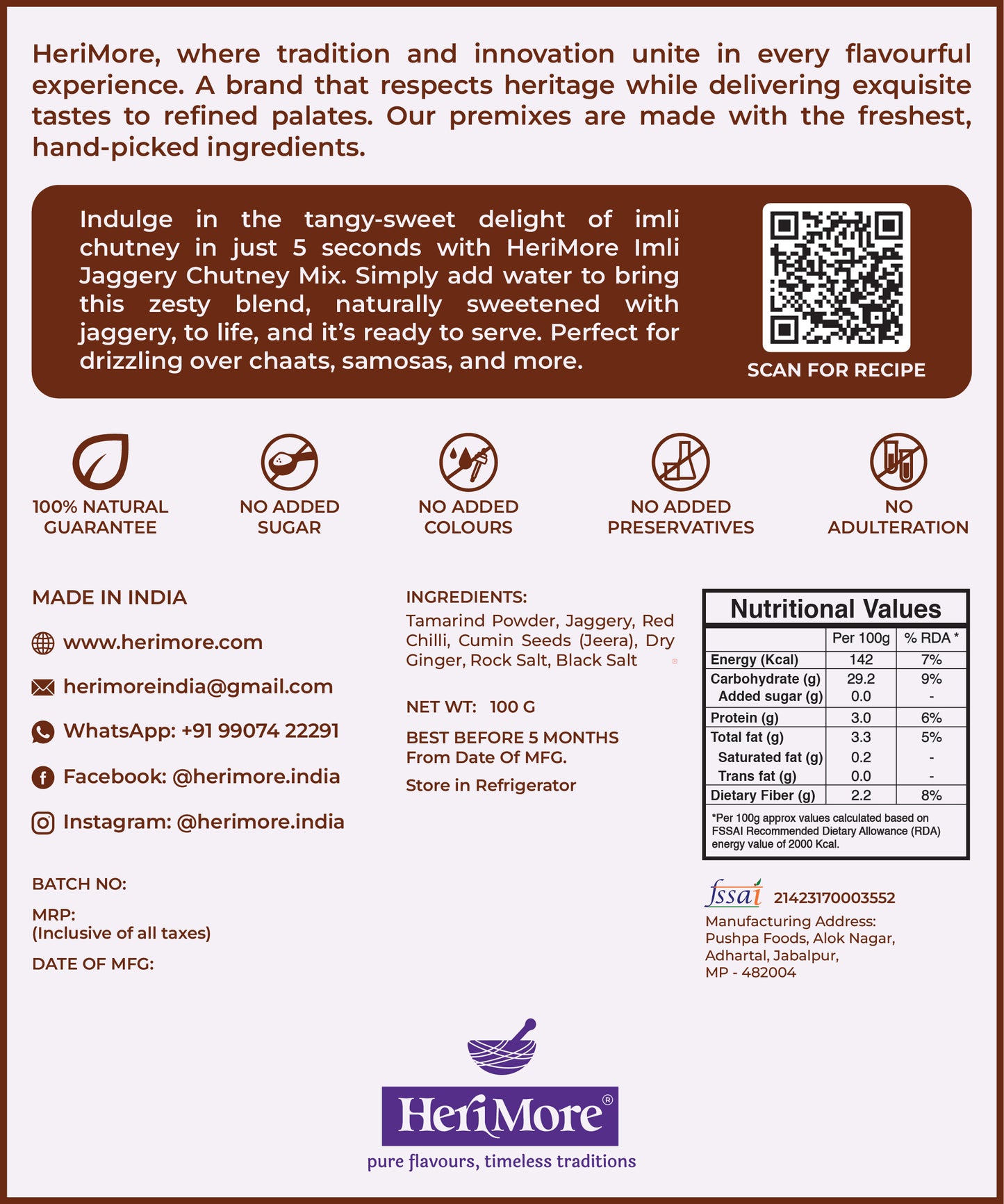 Imli/Tamarind Jaggery Chutney Mix | Sweet, Tangy & Spiced | Pani Puri Chutney | Ready in 5 Seconds | No Preservatives | 100% Natural | 100G