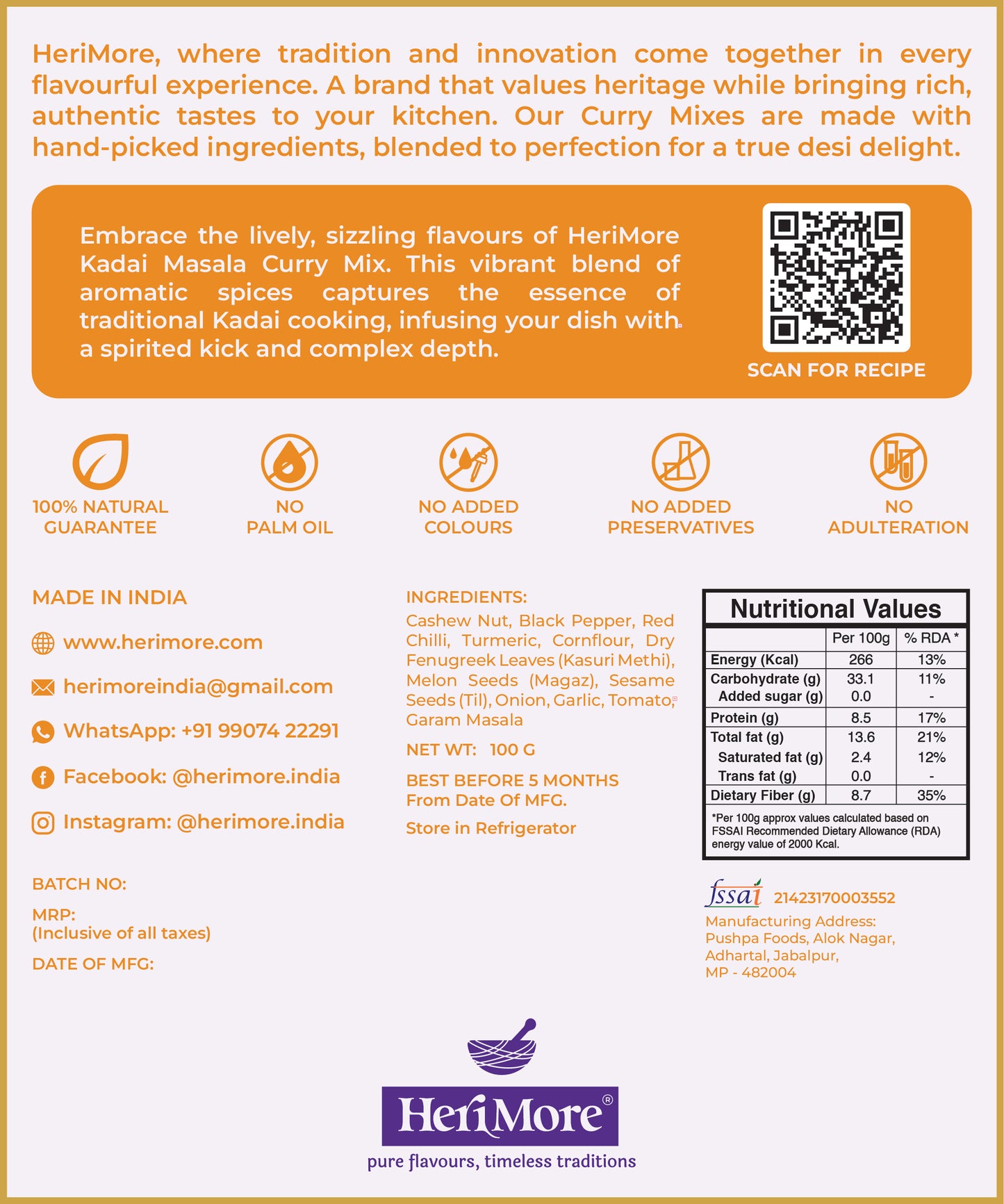 Kadai Masala Curry Mix | Bold & Aromatic Stir-Fry Curry | Ready in 3 Mins | No Added Colors or Preservatives | 100% Natural | 100 G