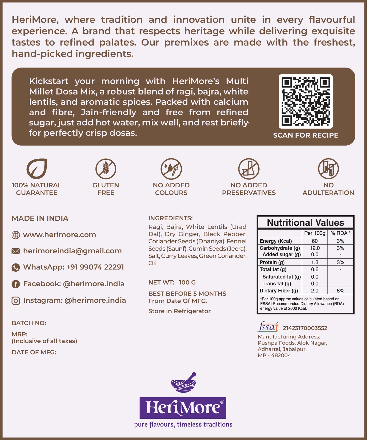 Multi Millet Dosa Premix | Instant Healthy Dosa Mix with Ragi & Bajra | High-Fiber & Protein | 100 G