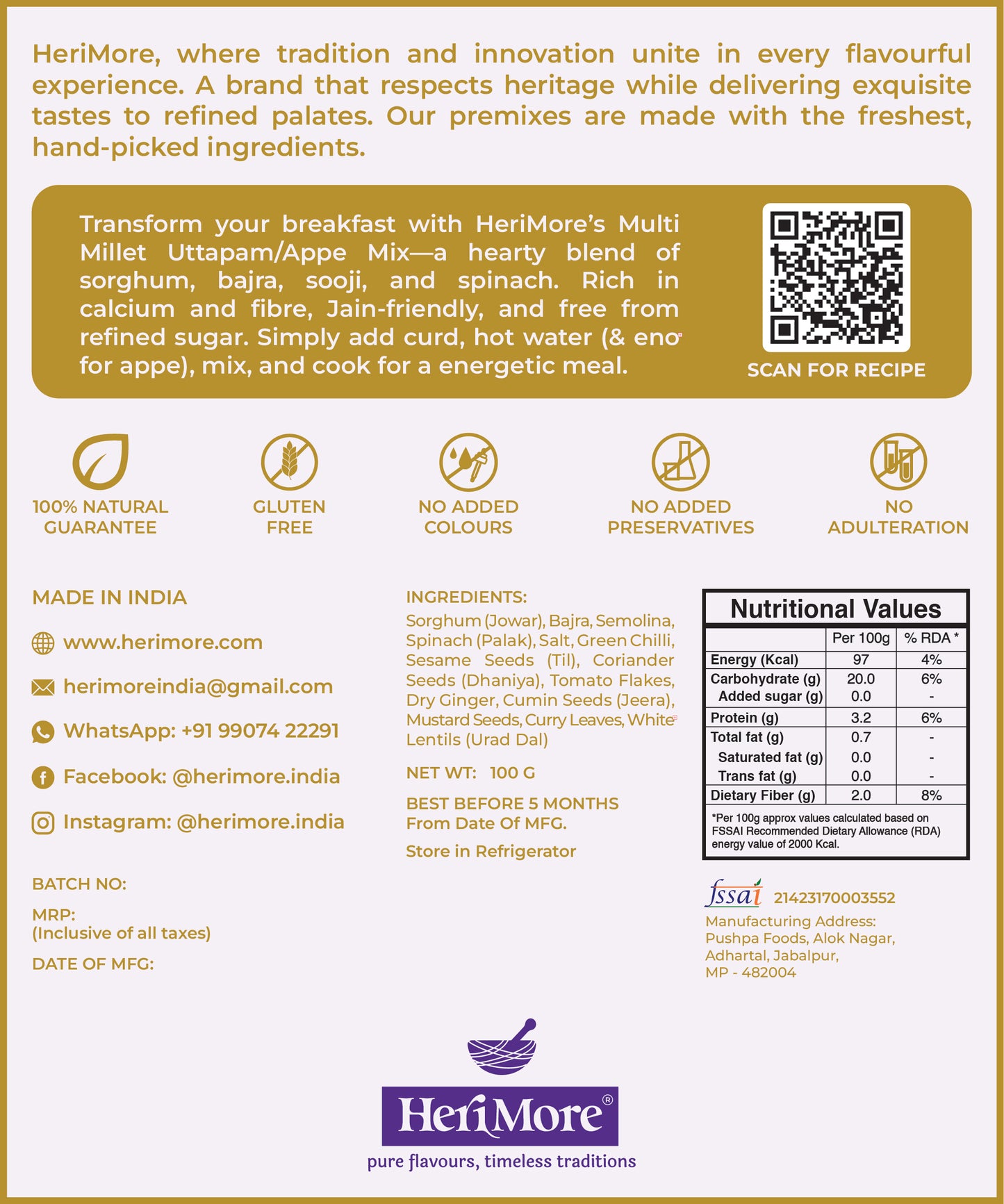 Multi Millet Uttapam/Appe Premix | Ready-to-Cook High-Fiber Breakfast Mix | 100 G