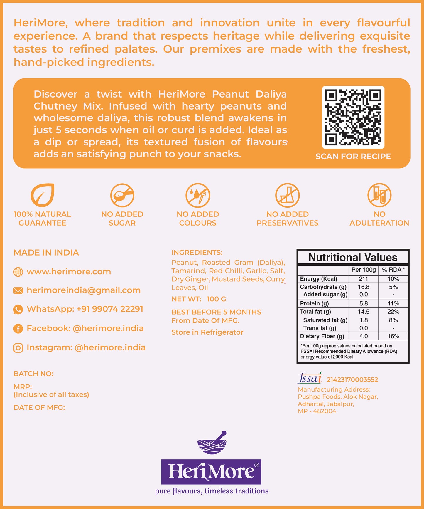 Peanut Daliya Chutney Mix | Nutty, Crunchy & Tangy | Ready in 5 Seconds | No Preservatives | 100% Natural | 100G