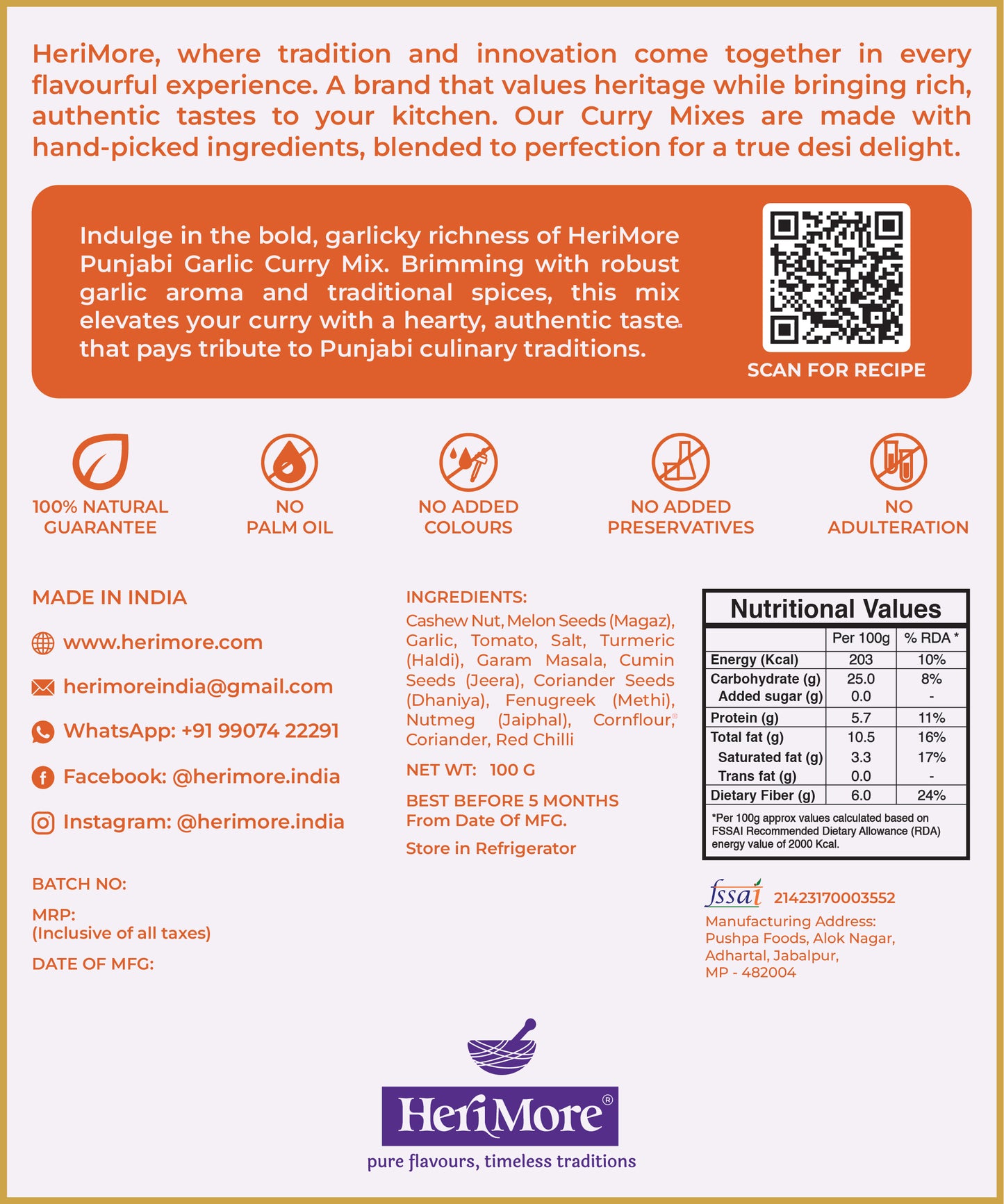 Punjabi Garlic Curry Mix | Bold & Garlicky North Indian Gravy | Ready in 3 Mins | No Added Colors or Preservatives | 100% Natural | 100 G