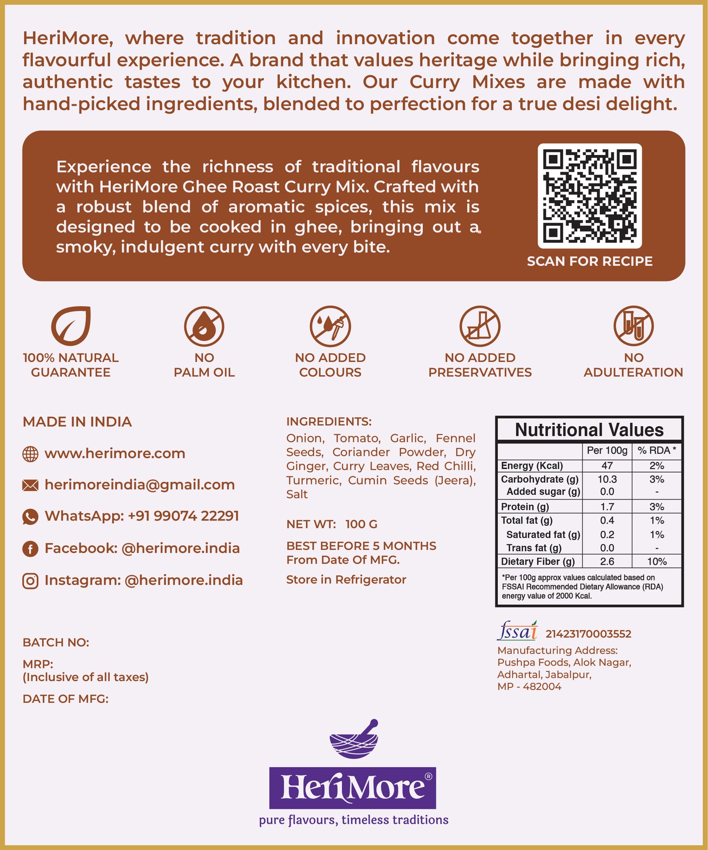 Ghee Roast Curry Mix | Rich & Aromatic Gravy | Ready in 3 Mins | No Added Colors or Preservatives | 100% Natural | 100 G