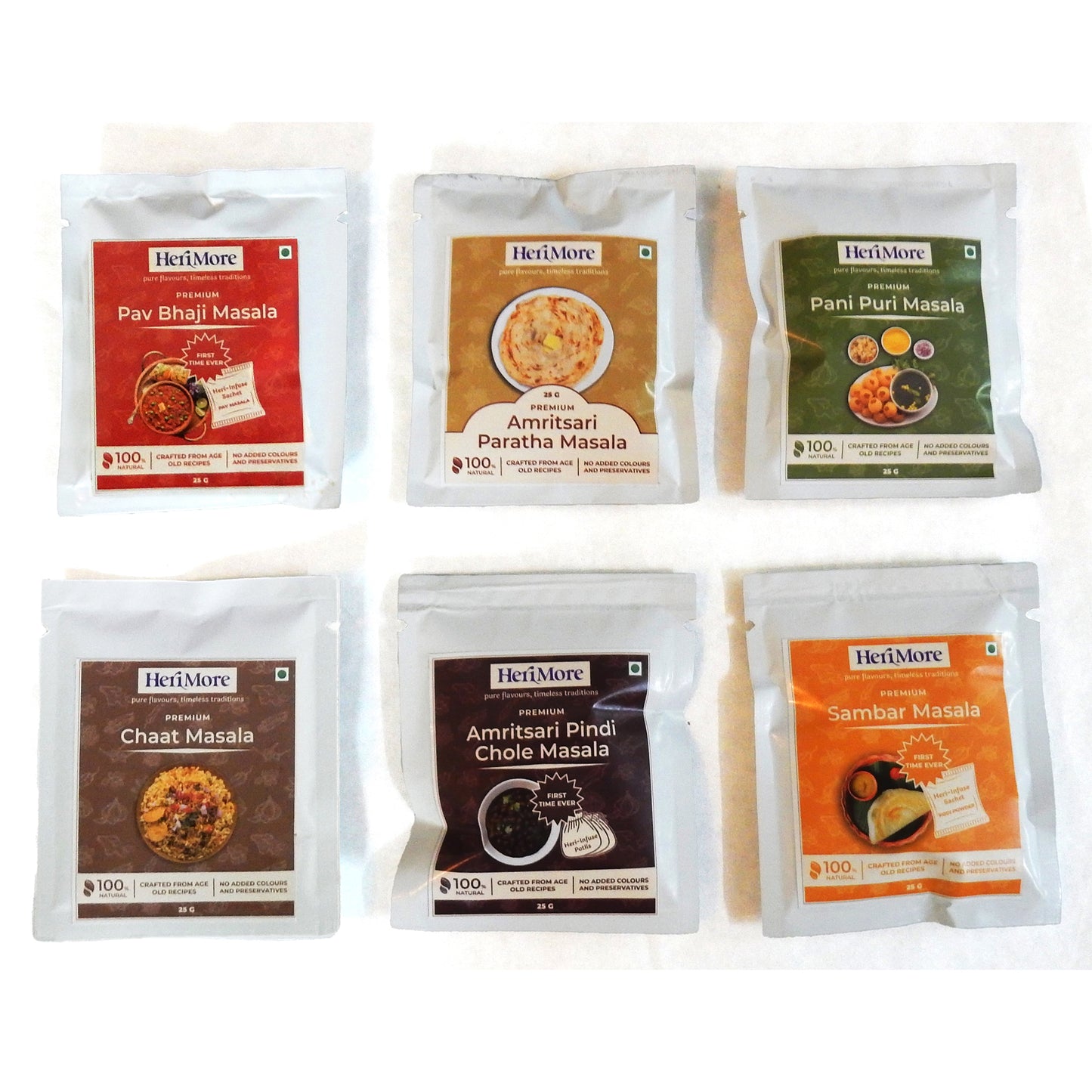 पार्टी पैक | 6 मसालों का सेट - चाट, पानी पुरी, पाव भाजी, सांबर, पिंडी छोले और अमृतसरी पराठा मसाला (प्रत्येक 25 ग्राम)