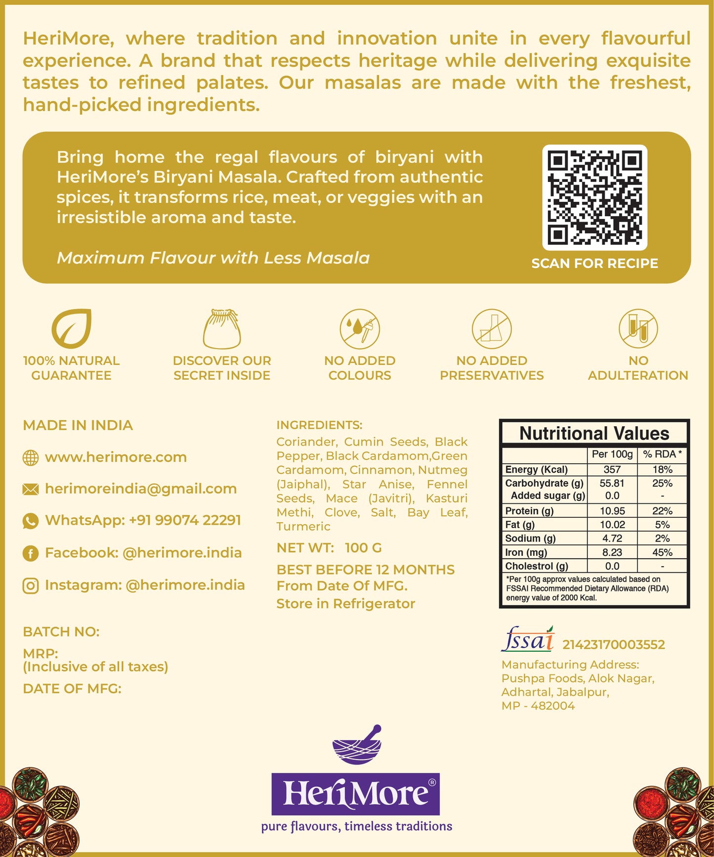 Biryani Masala – 100% Natural & Jain-Friendly | No Onion, No Garlic | Dry Spice Blend | 50 G