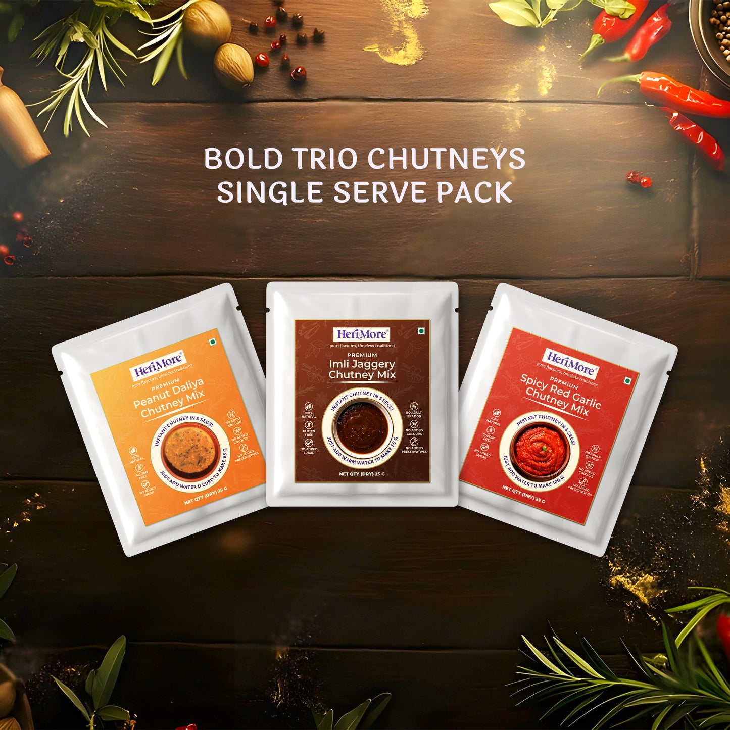 Instant Chutney Mix – Single Serve Pack of 3 (25 G x 3) | Just Mix & Serve | 100% Natural | No Adulteration