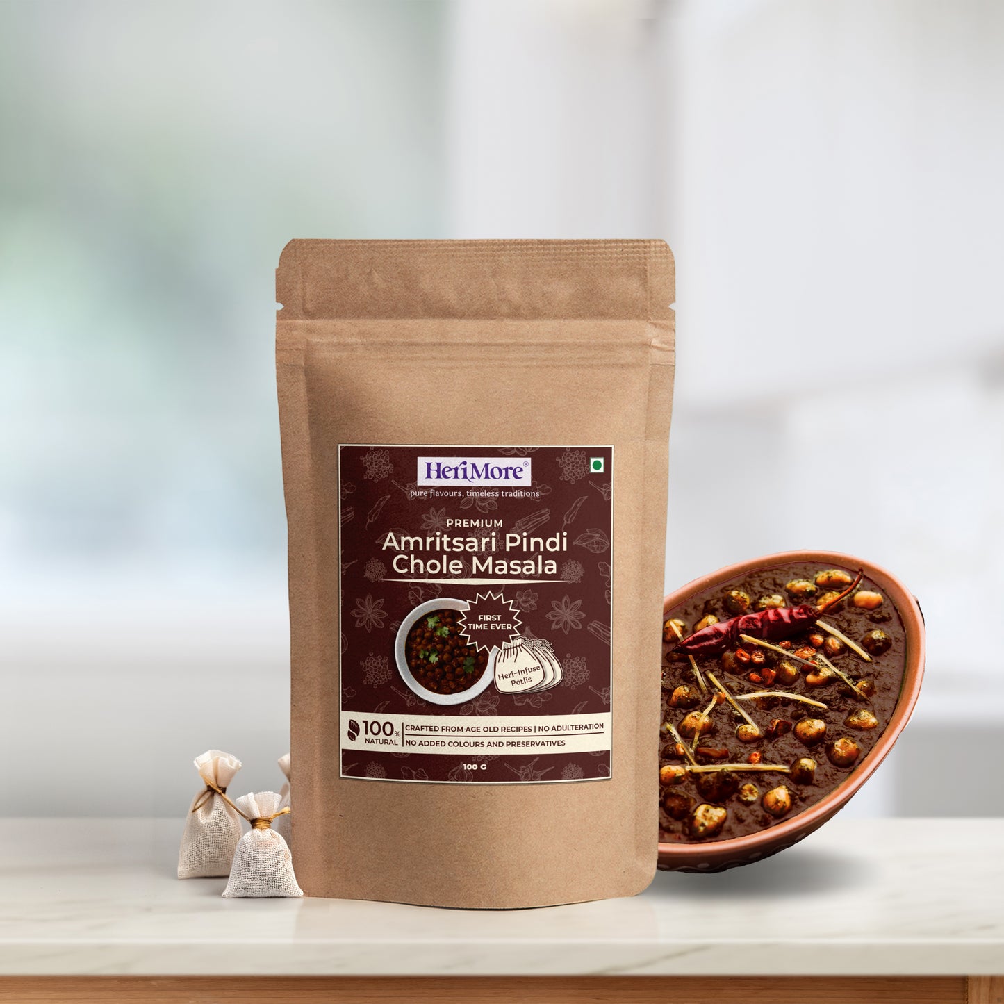 प्रीमियम अमृतसरी पिंडी छोले मसाला 3 हेरी-इन्फ्यूज पोटली के साथ | 100 ग्राम | प्रोटीन से भरपूर मसाला