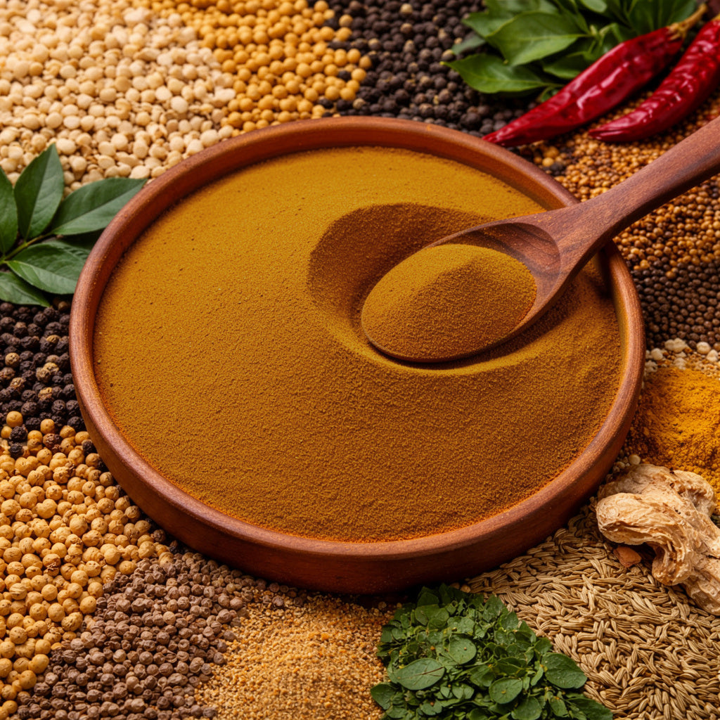 प्रीमियम सांबर मसाला हेरी-इन्फ्यूज पोडी पाउडर सैशे के साथ | 100 ग्राम | एंटीऑक्सीडेंट से भरपूर संतुलन