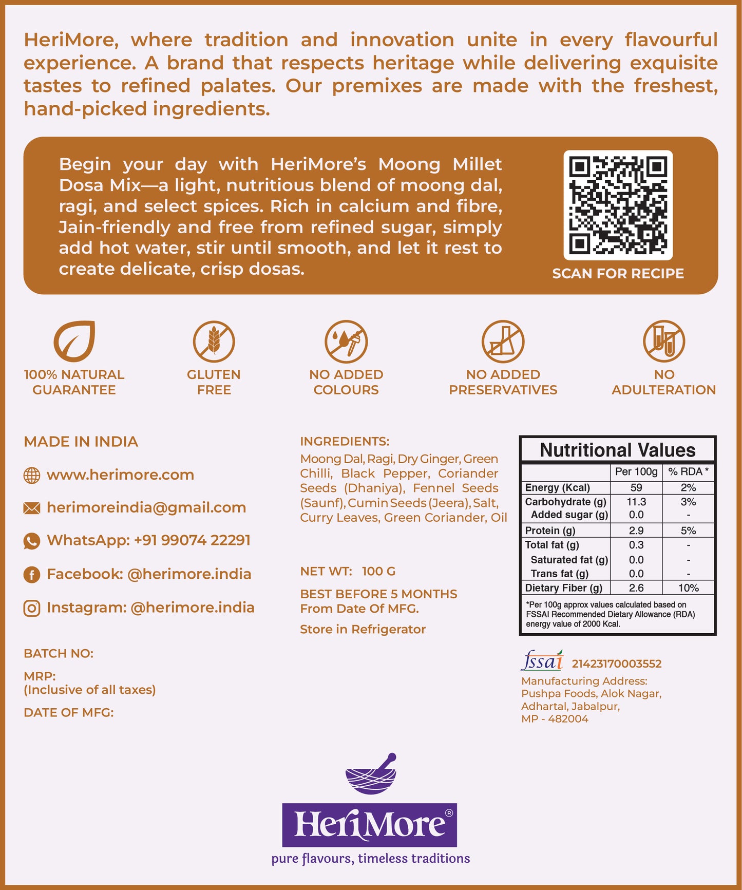 Moong Millet Dosa Premix | High-Protein Instant Breakfast Mix | Healthy Millet Dosa Ready in Minutes | 100 G