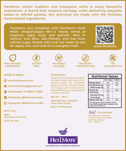 Multi Millet Uttapam & Appe Premix | High-Fiber Instant Breakfast Mix | Ready-to-Cook South Indian Delight | 100 G
