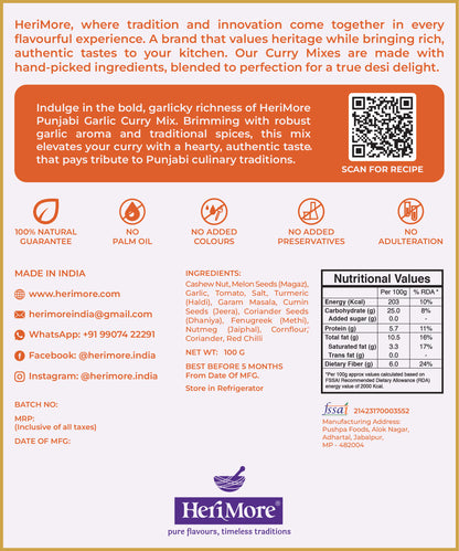 Punjabi Garlic Curry Mix | Bold & Garlicky North Indian Gravy | Ready in 3 Mins | No Added Colors or Preservatives | 100% Natural | 100 G